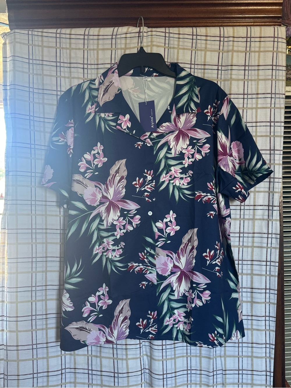 Navy Floral Short-Sleeve Camp Shirt with Pink Accents